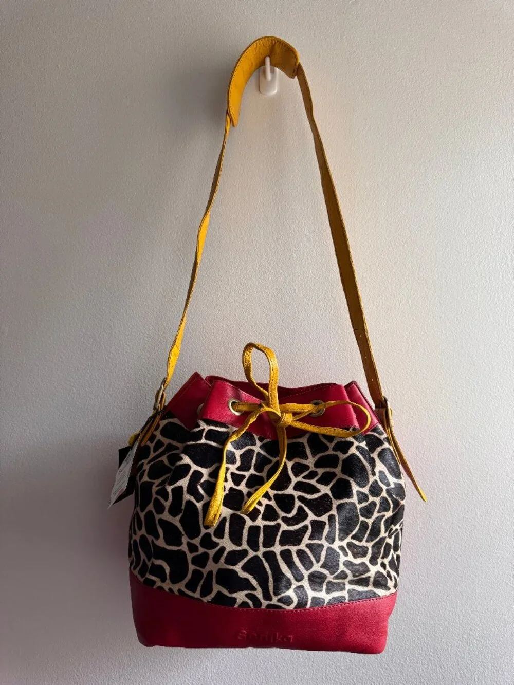 NWT Soruka Giraffe Print Leather Bucket Bag